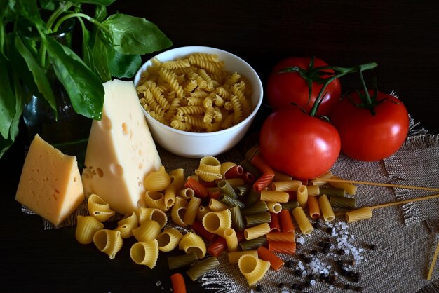 Various pasta Cooking concept Top view