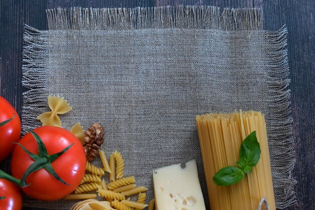 Various pasta Cooking concept Top view