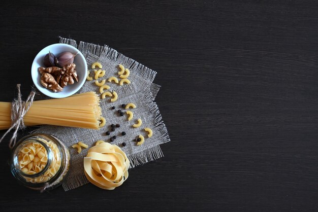 Various pasta Cooking concept Top view