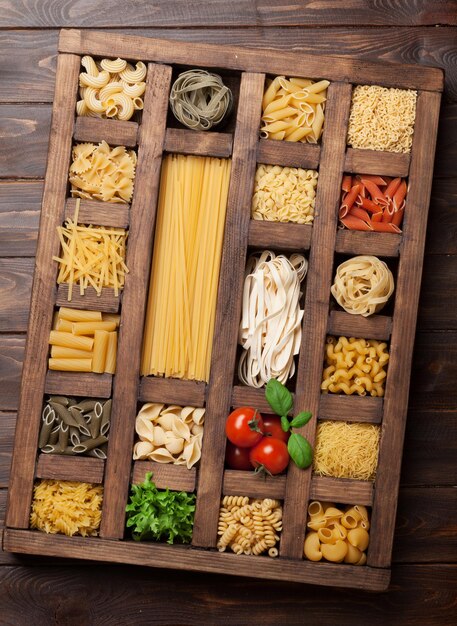 Various pasta in wooden box