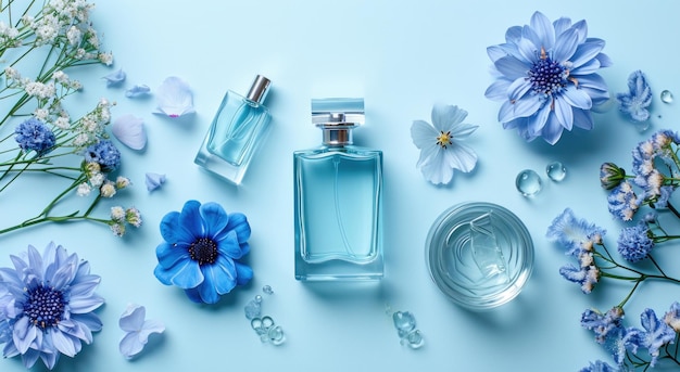 various perfumes on a blue background next to blue flowers