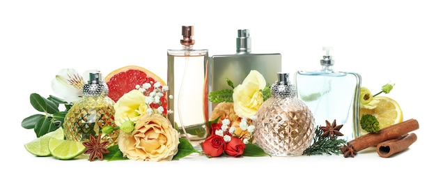 Various perfumes and ingredients isolated on white background