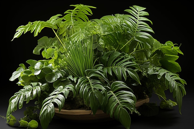 Photo various philodendron in terracotta pot isolated on black background