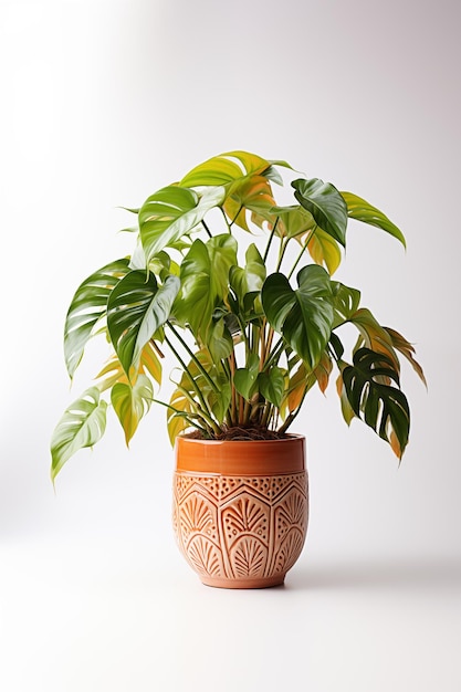 Photo various philodendron in terracotta pot isolated on white background