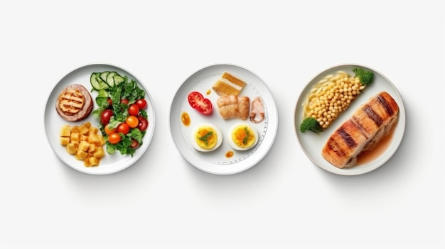 Various plates of food isolated on white background top view Generative AI