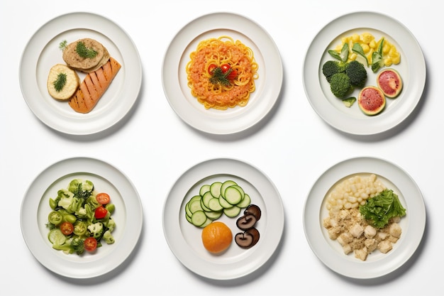 Various plates of food isolated on white background