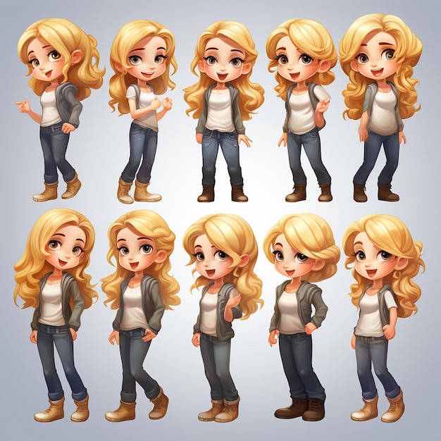 Photo various poses and angles character design full body blond girl