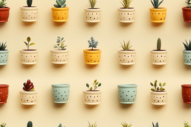 various potted plants in different colors on a beige background