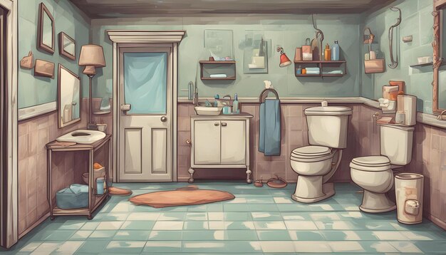 Various props in the bathroom background