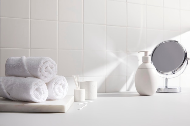 Various props in the bathroom background