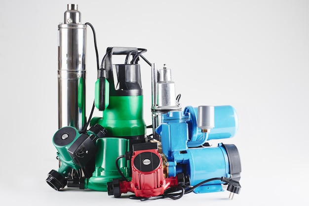 Various pumping equipment for heating and water supply on a white background isolated.