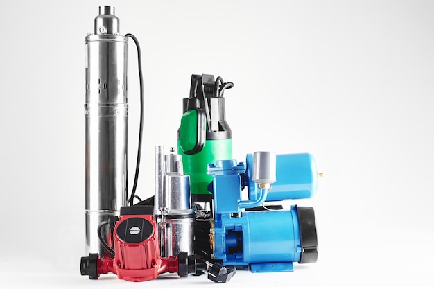 Various pumping equipment for heating and water supply on a white background isolated.