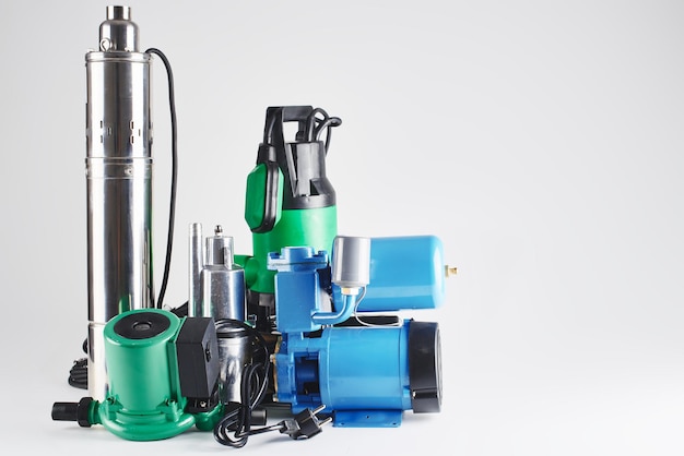 Various pumping equipment for heating and water supply on a white background isolated.