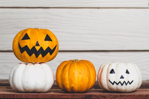 Various pumpkins on table