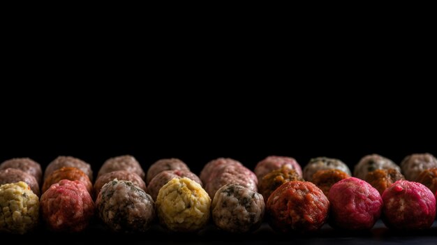 さまざまな生肉の新鮮なミートボールが並んで料理の材料の黒い背景を分離し、AI が生成