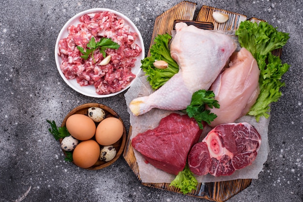 Photo various raw meat, sources of animal protein