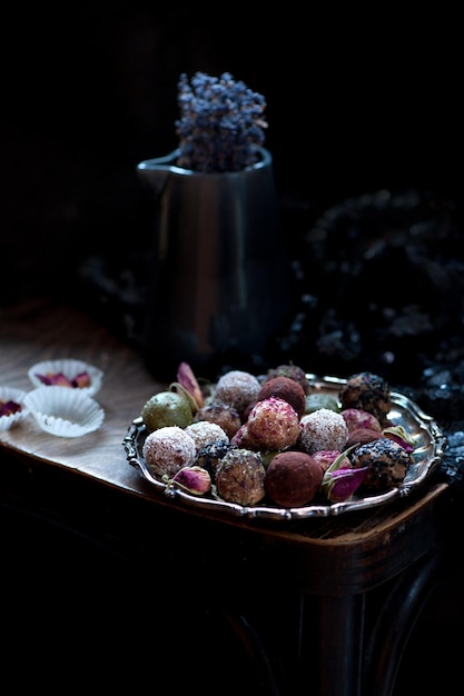 Various Raw vegan sweet candy glutenfree balls