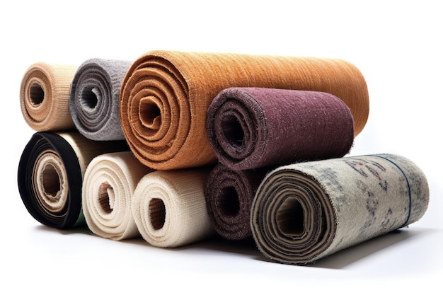 Various rolled carpets on white background