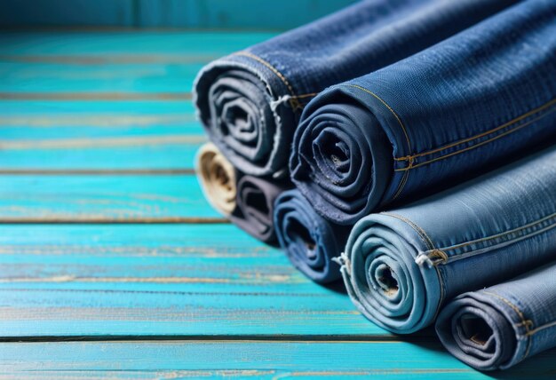 Various rolledup jeans arranged on a blue wooden background