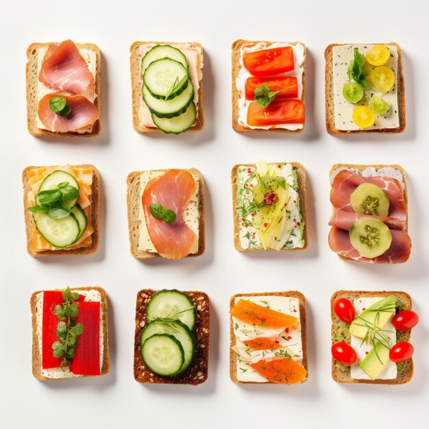 Various sandwich on white background top view generative AI