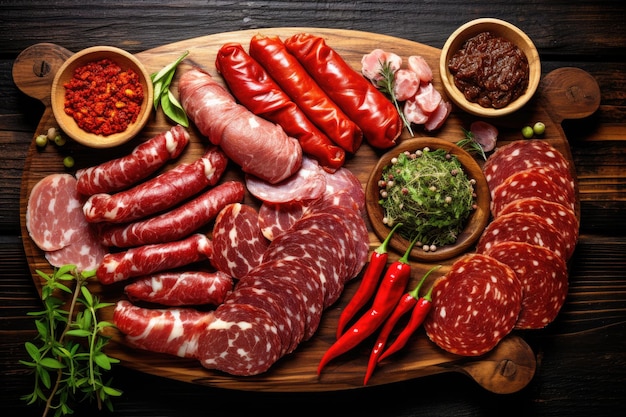 Various sausages salami and smoked meat with basil and spices on a wooden background