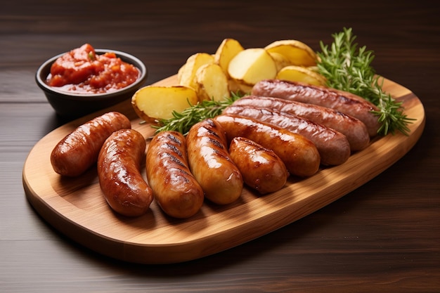 Various sausages on a wooden plate potatoes isolated white background