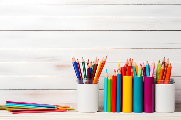 various school supplies and a pencil isolated on a white