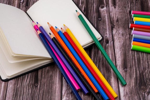 Various school supplies such as markers, colored pens and markers, calculator, notebook and eraser.