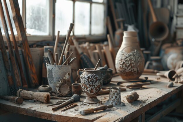 Foto diversi strumenti di scultura in tazza di metallo su tavolo di legno