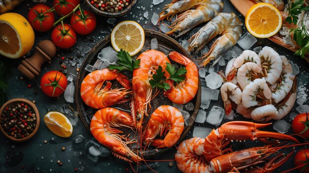 Various seafood displayed on table for delicious recipes