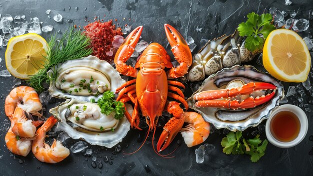 맛있는 조리법 을 위해 테이블 에 여러 가지 해산물 이 전시 되어 있다