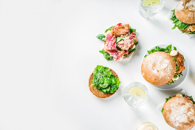 Various seafood and fish burgers assortment