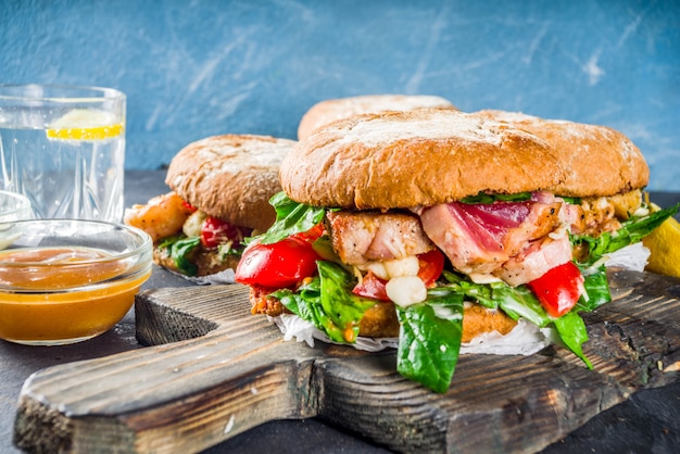 Various seafood and fish burgers assortment