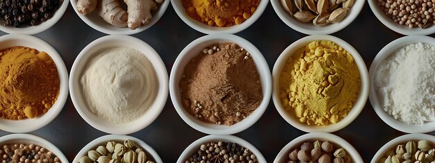 Photo various seasonings in cups on a table anise cardamom cloves and cinnamon in cups