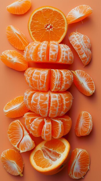 Various segments of mandarins arranged neatly with a full slice in the center against an orange back