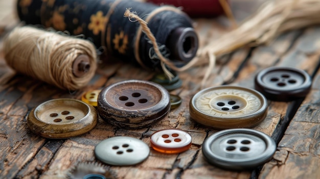 Photo various sewing buttons with a thread