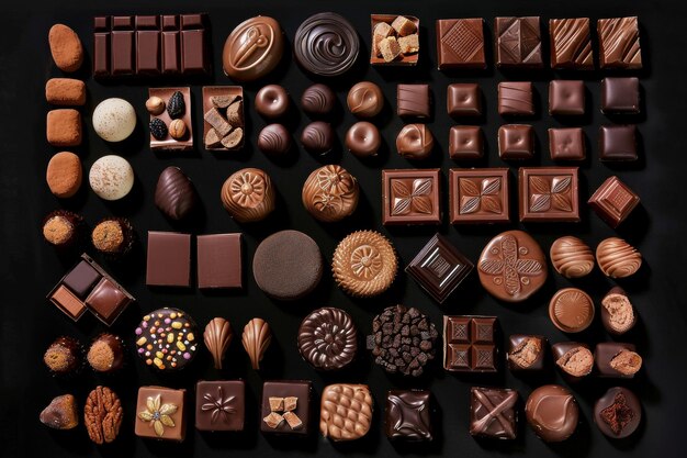 사진 다양한 모양과 크기의 초콜릿 조각이 우아하게 전시되어 다양한 채우기와 질감을 보여줍니다.