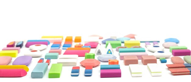 Various shapes and colors of erasers arranged