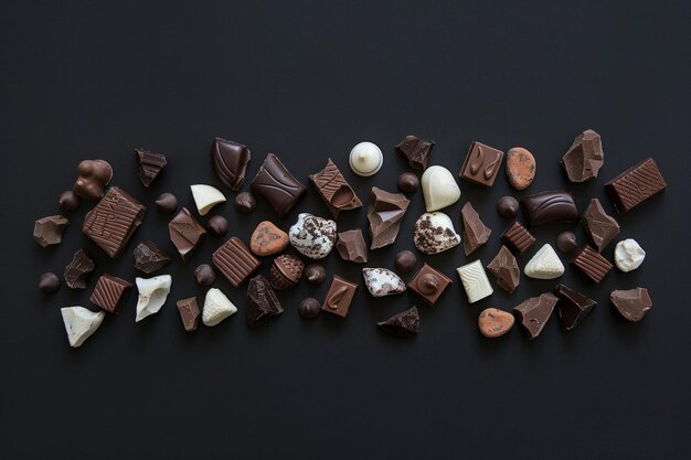 Various shapes and sizes of chocolate pieces elegantly displayed showcasing an assortment of fillings and textures