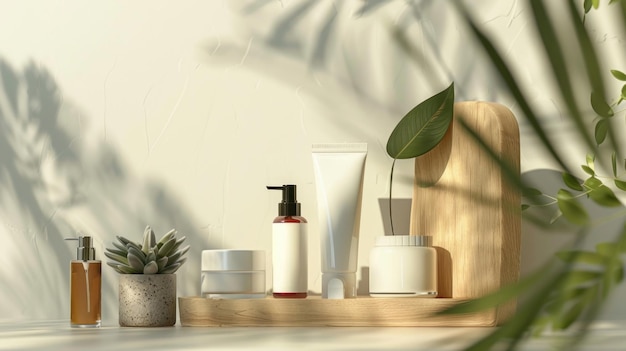 Various skin care products displayed on a shelf Ideal for beauty and wellness concepts
