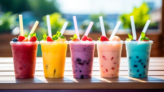 Various smoothies in plastic cups Selective focus