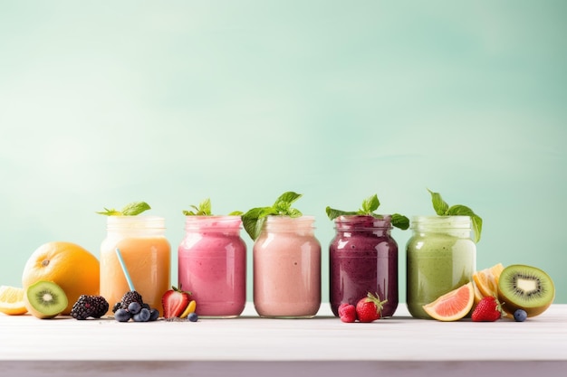 Various smoothy in jars and fresh fruits ai generated