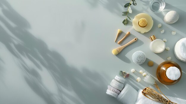 Various spa related objects on gray background top view Body and skin care flat lay Generative AI