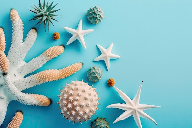 Various species of starfish on a vibrant blue backdrop Generative AI