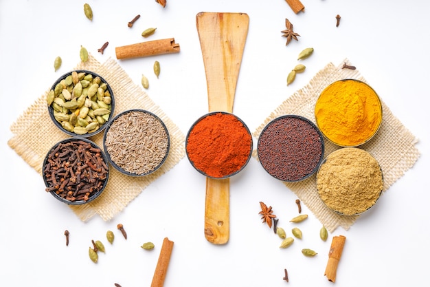 Various spices in a bowls. Top view