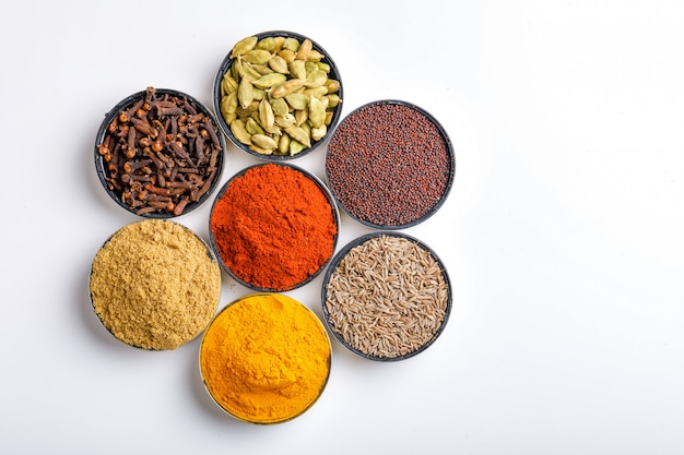 Various spices in a bowls. Top view