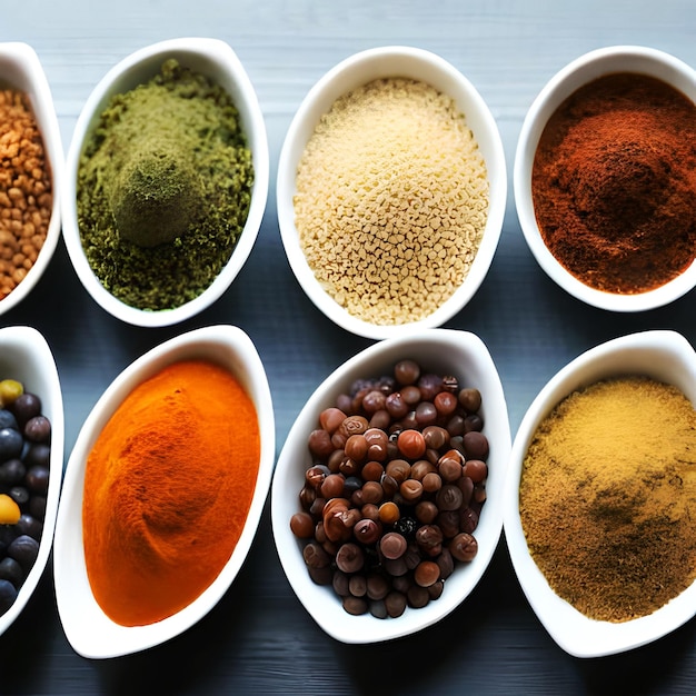 Photo various spices in a bowls on white