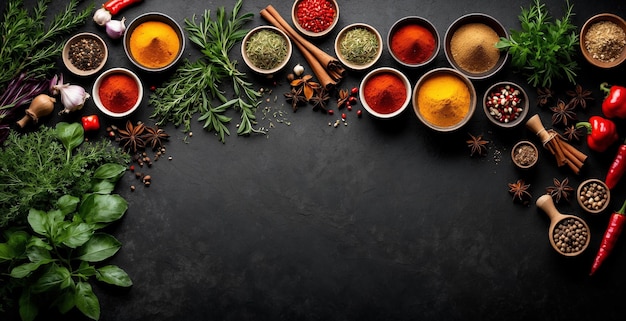 various spices condiments various vegetables on a black table board empty in the middle