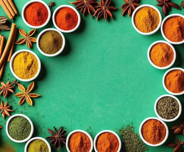 various spices and herbs on a black background top view