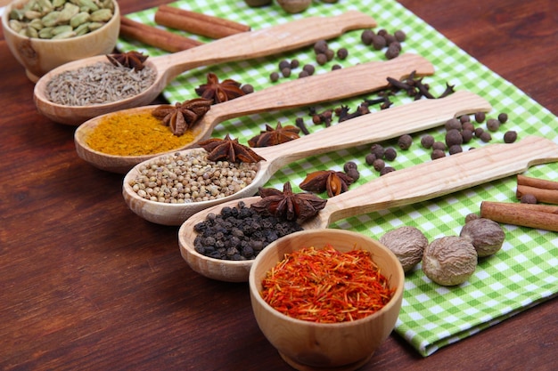 Various spices and herbs on table close up